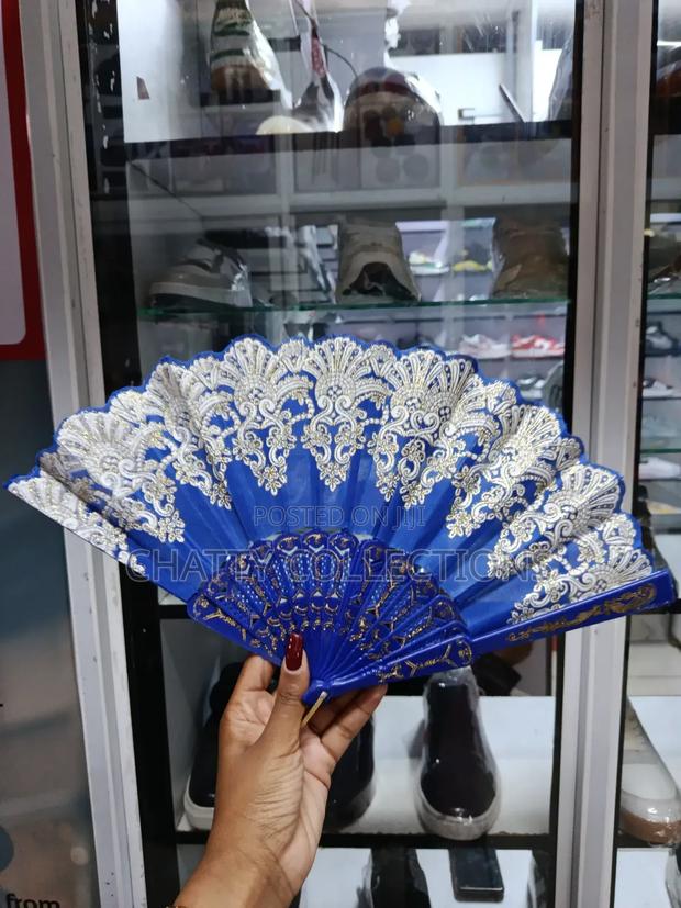 Blue and Gold Flowered Folding Ladies Hand Fans - thumbnail 2