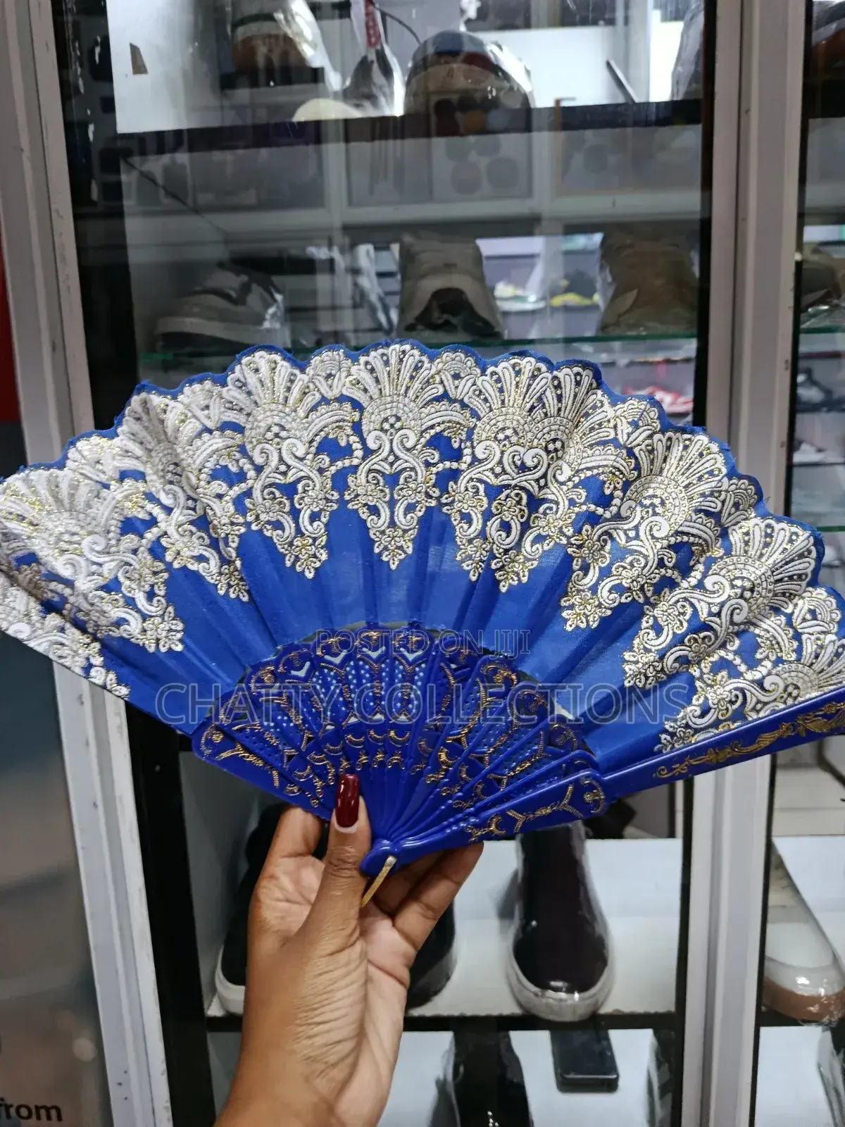 Blue and Gold Flowered Folding Ladies Hand Fans