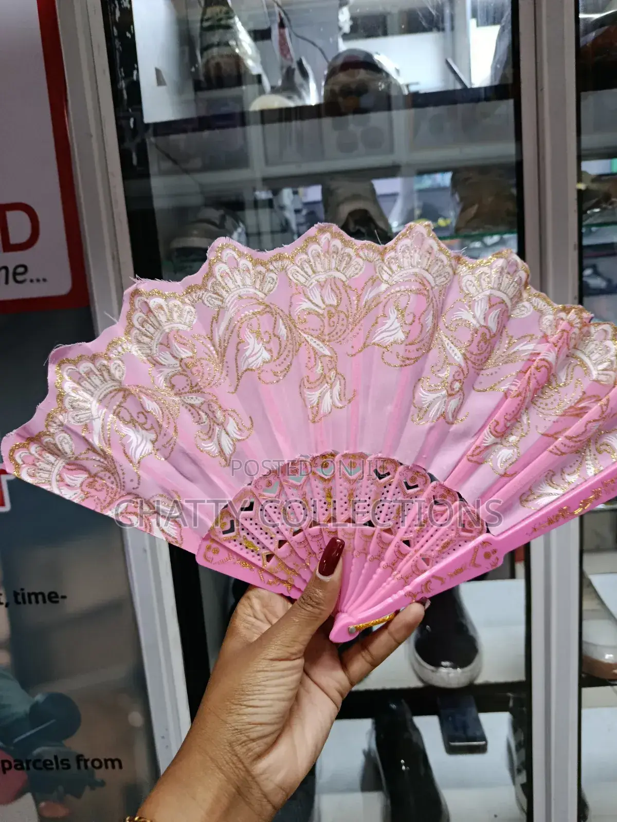 Pink and Gold Flowered Folding Ladies Hand Fans