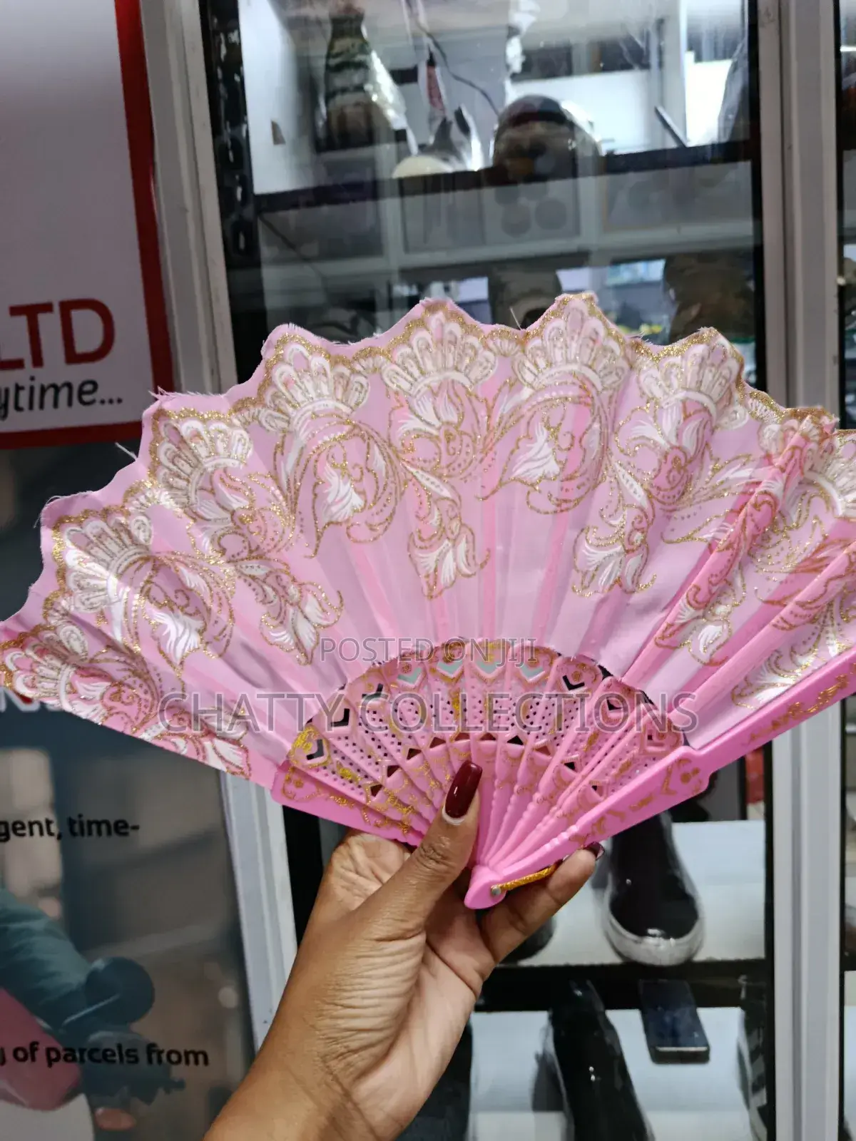 Pink and Gold Flowered Folding Ladies Hand Fans