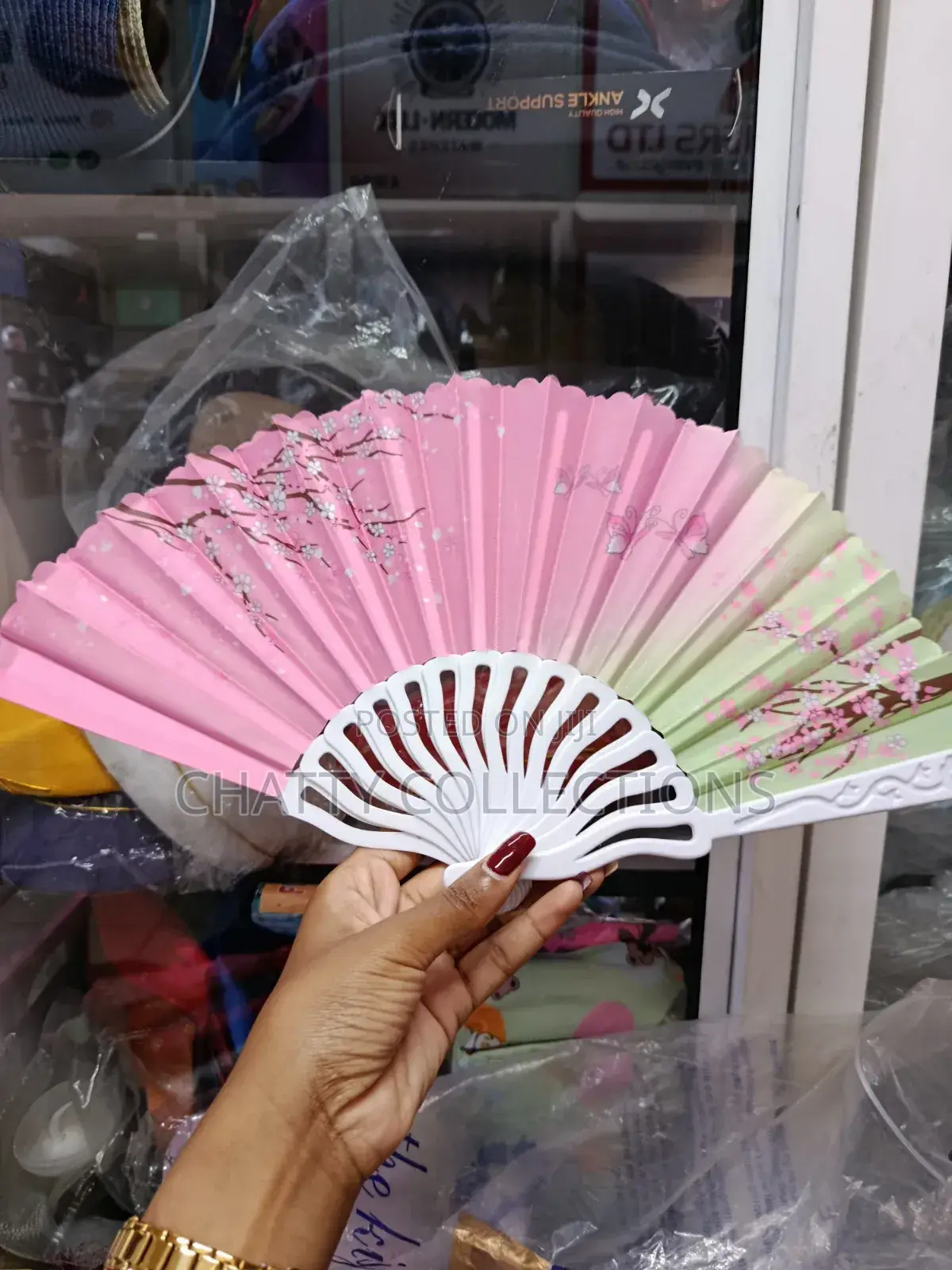 Pink and Green Flowered Folding Ladies Hand Fans