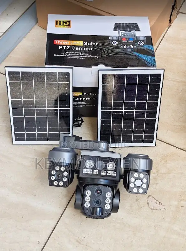 Three Lens Simcard Solar Powered Outdoor PTZ Camera With 2 Panels