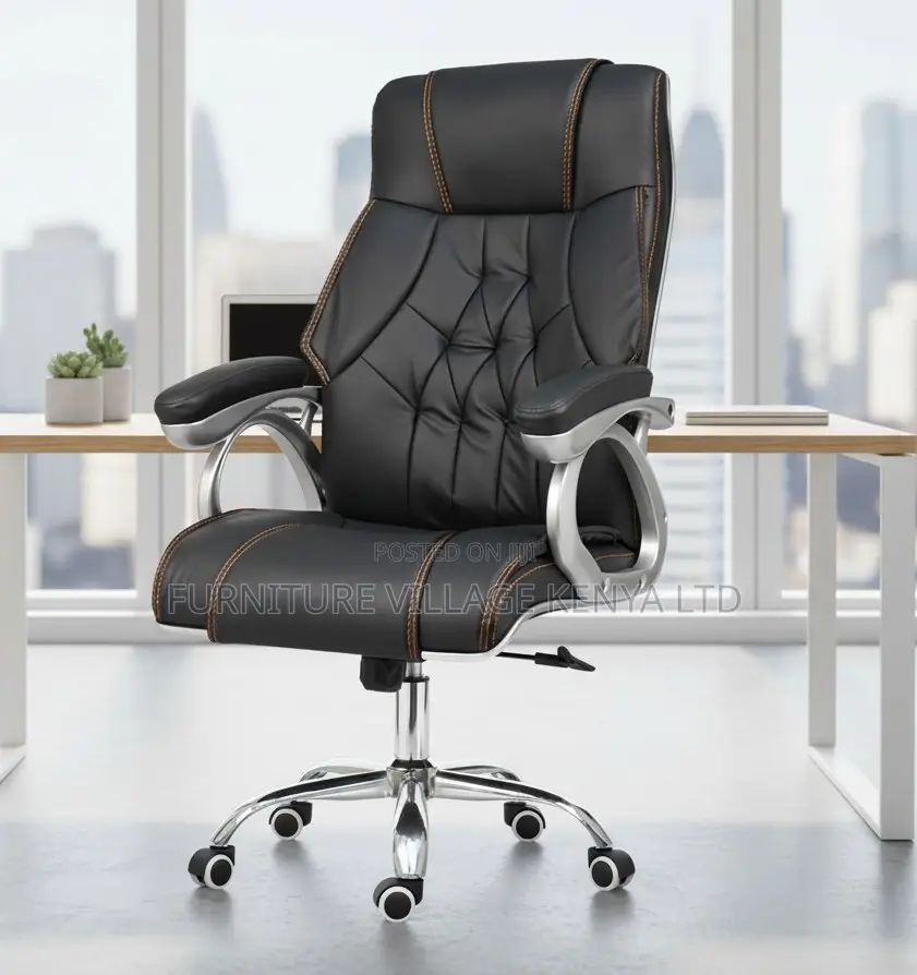 Office Chair; Black Leather High Back Office Chair