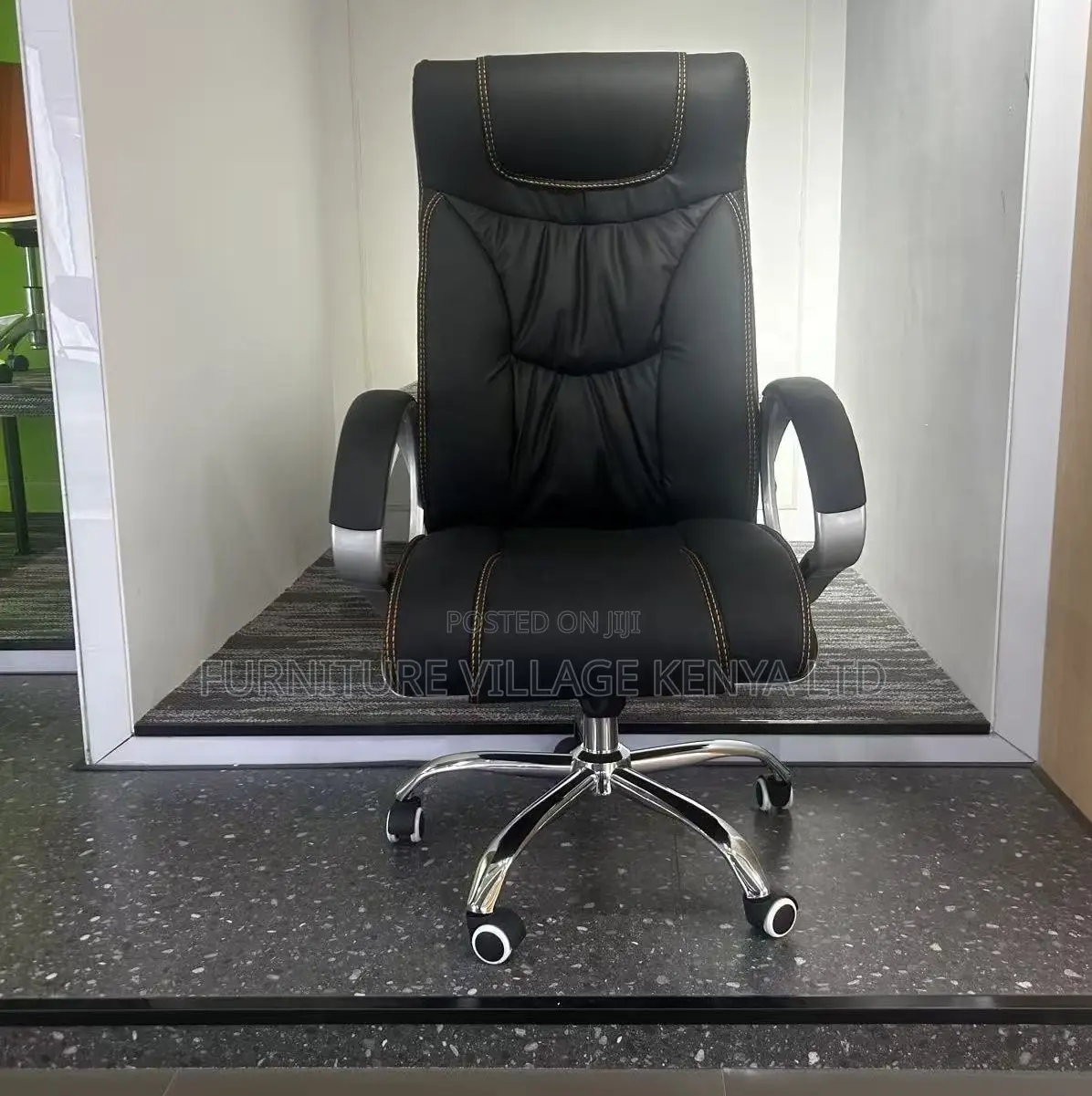 Office Chair; Black Leather High Back Office Chair