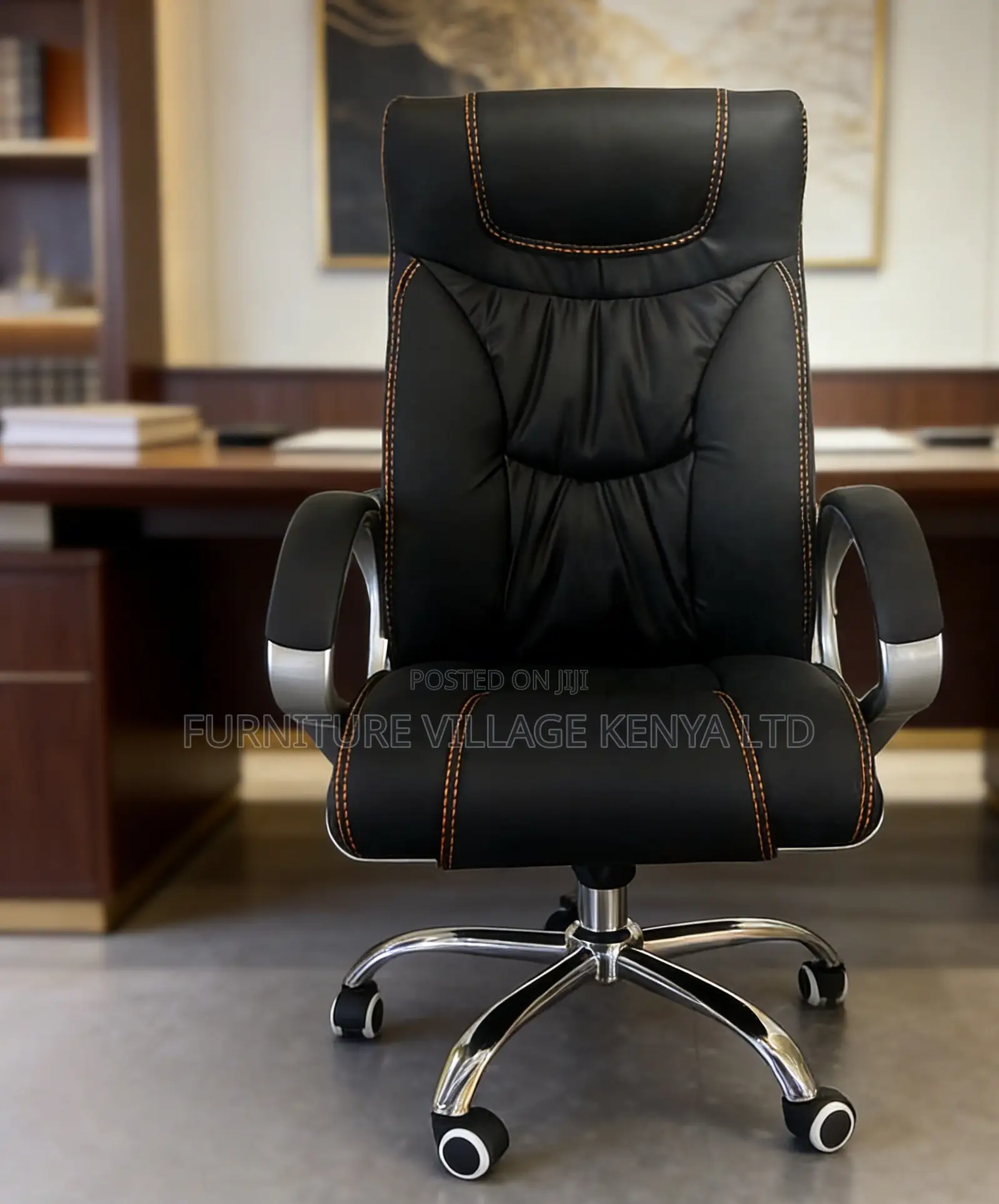 Office Chair; Black Leather High Back Office Chair