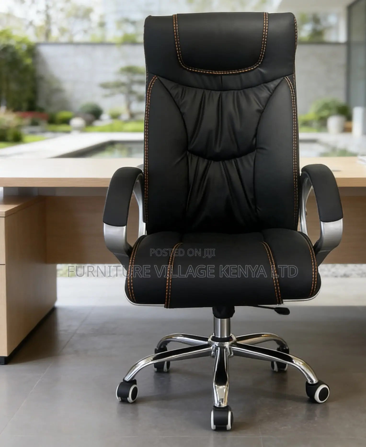 Office Chair; Black Leather High Back Office Chair