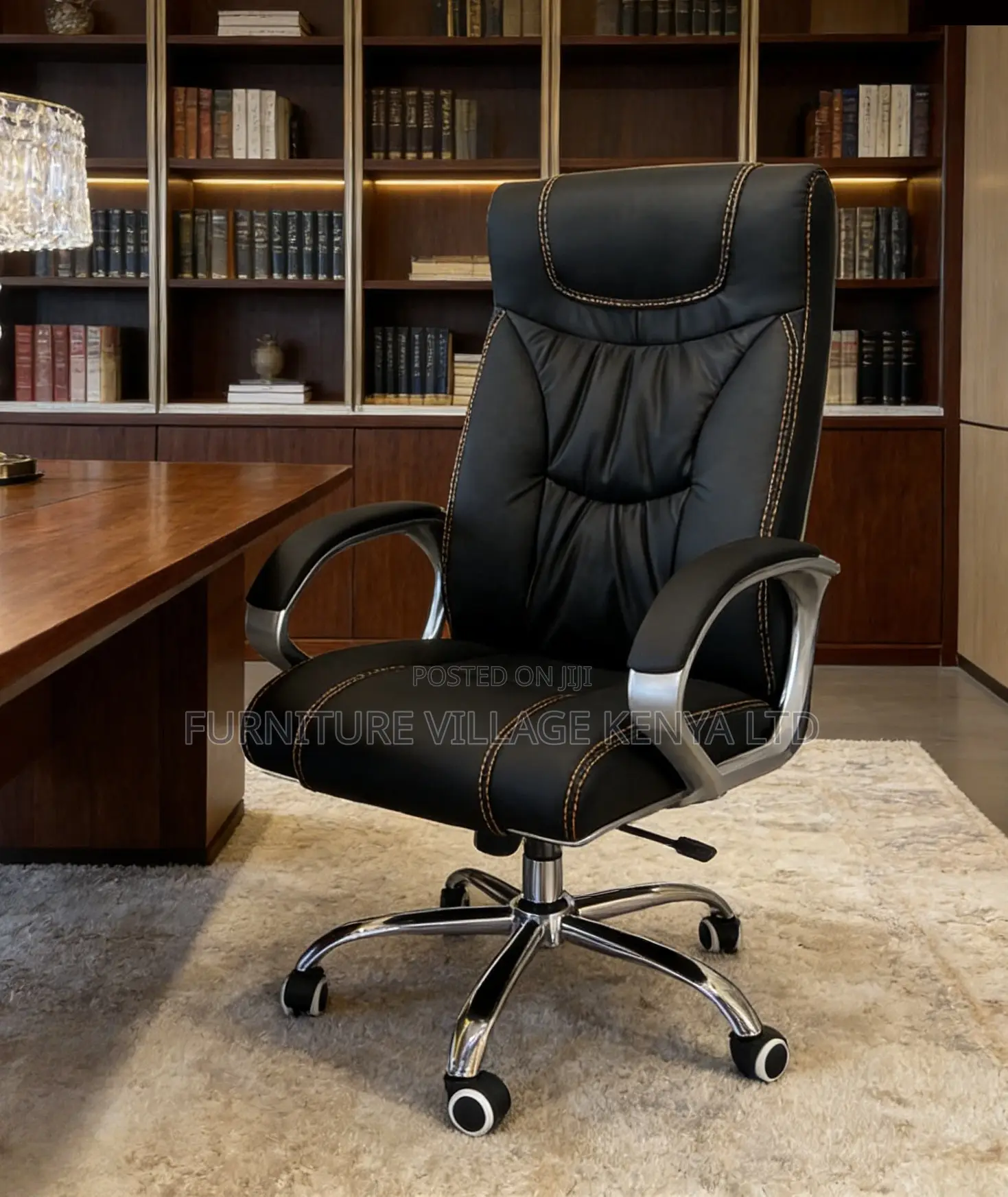 Office Chair; Black Leather High Back Office Chair