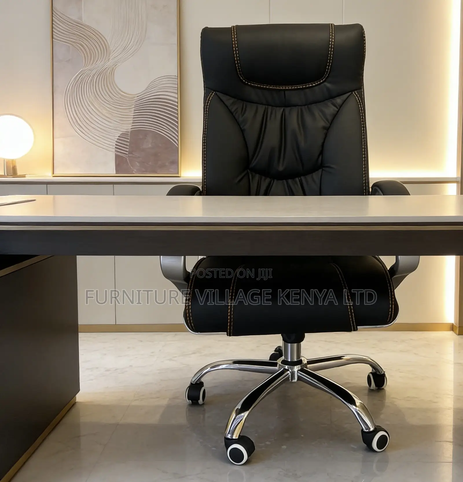 Office Chair; Black Leather High Back Office Chair