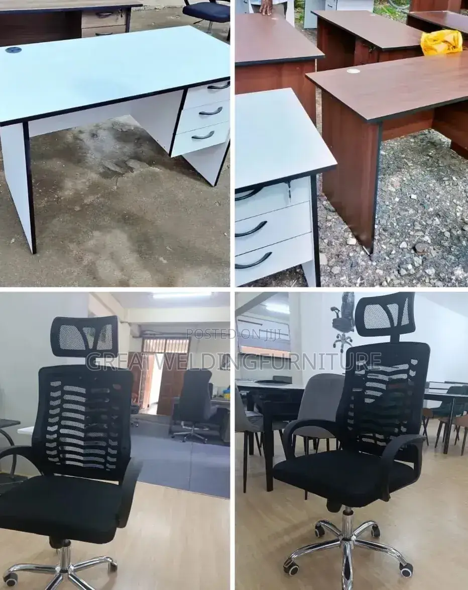 White Office Desk and Ergonomic Headrest Office Chair JPG
