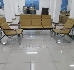 5-Seater Upholstered Waiting Bench | Tan With Metal Frame