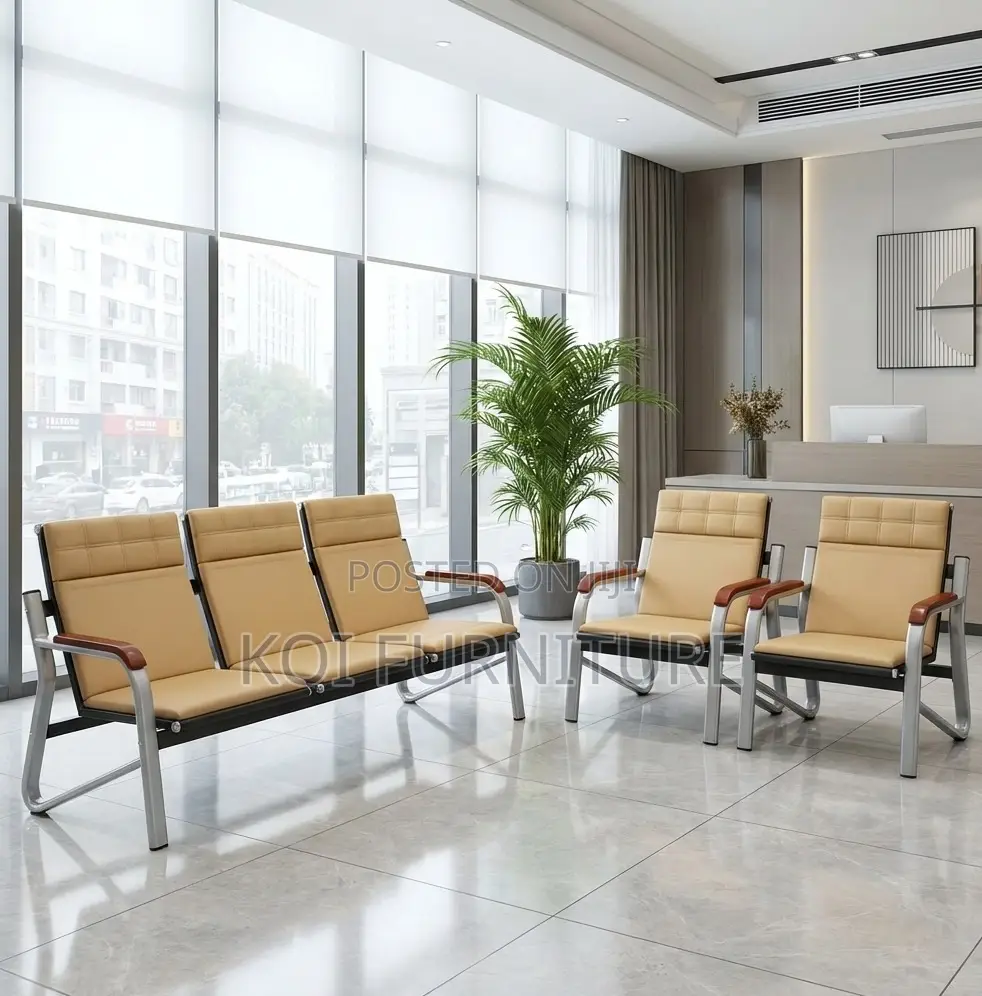 5-Seater Upholstered Waiting Bench | Tan With Metal Frame