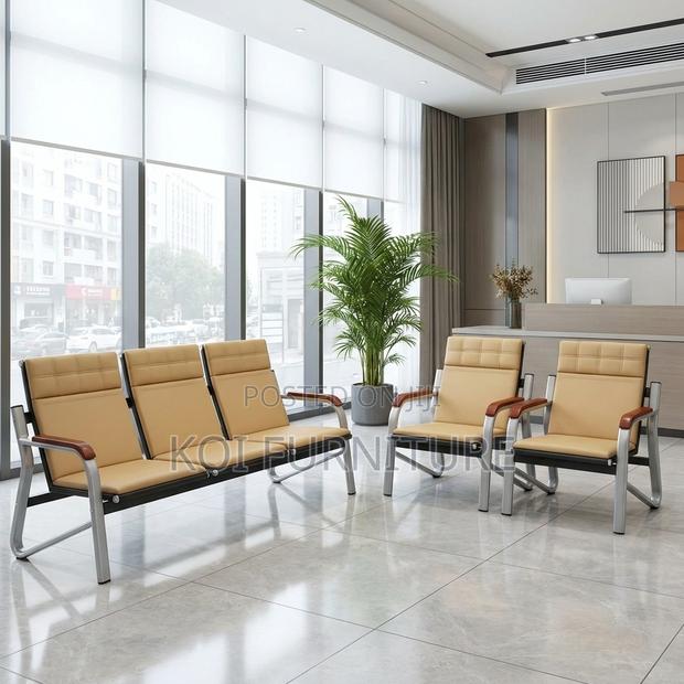 5-Seater Upholstered Waiting Bench | Tan With Metal Frame - thumbnail 8