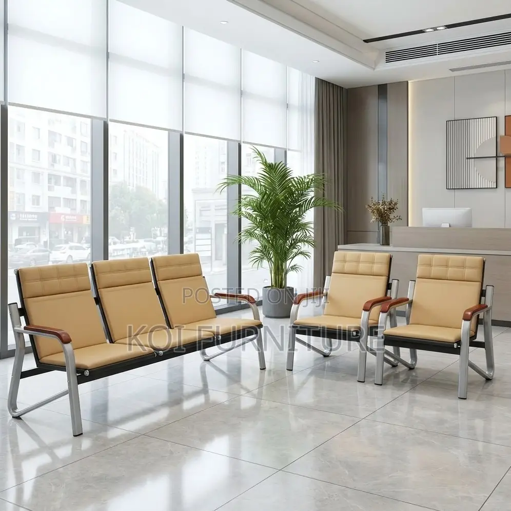 5-Seater Upholstered Waiting Bench | Tan With Metal Frame