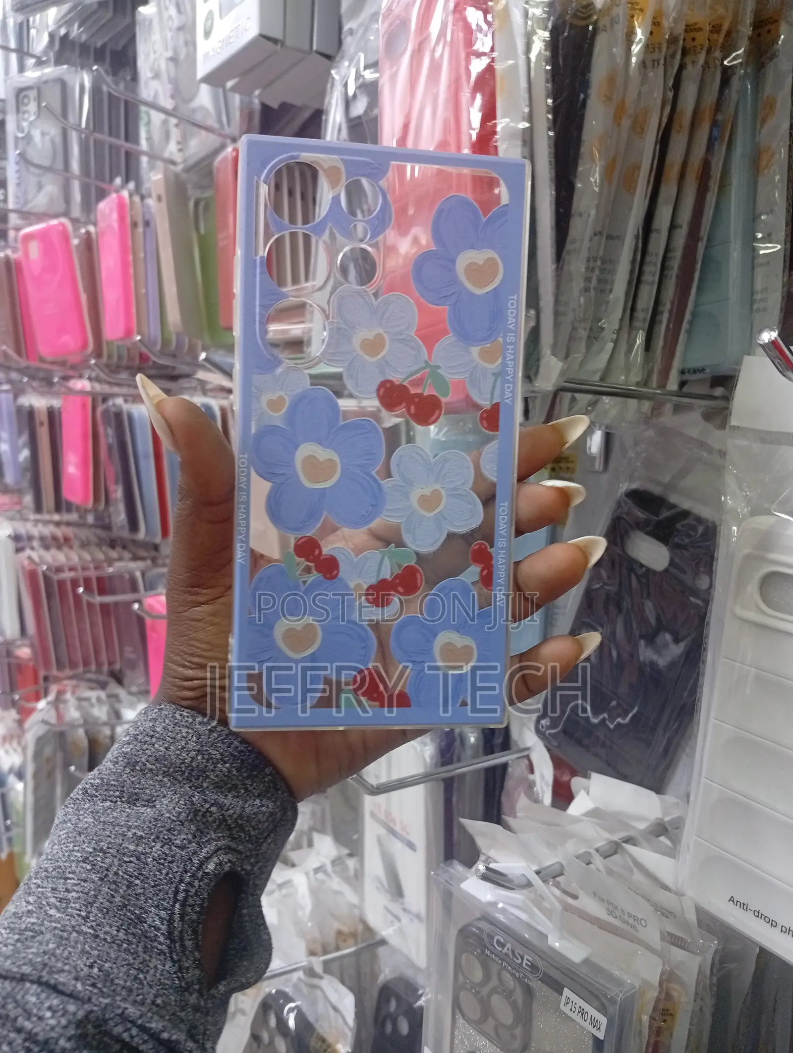 A Blue Flower and Cherry Pattern Case,For Apple iPhone 15 Pro Max.