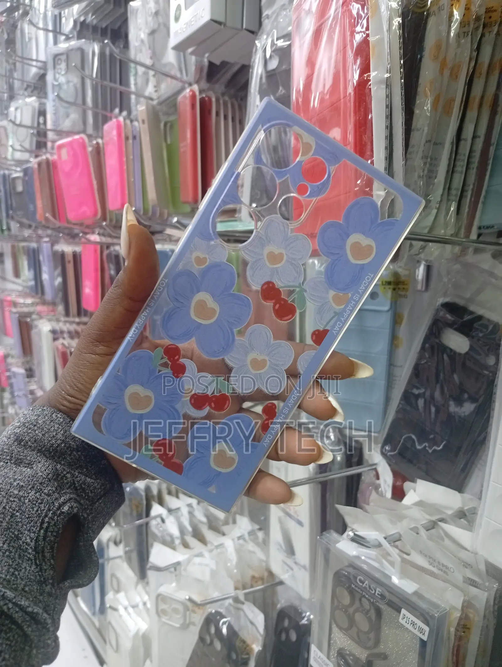 A Blue Flower and Cherry Pattern Case,For Apple iPhone 15 Pro Max.