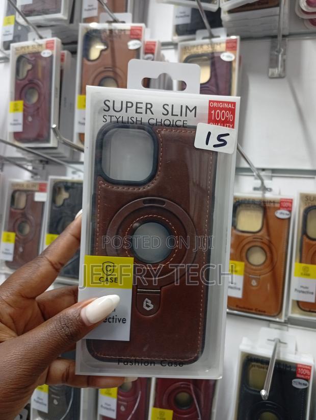 iPhone 15 Brown Leather Magnetic Kickstand Case