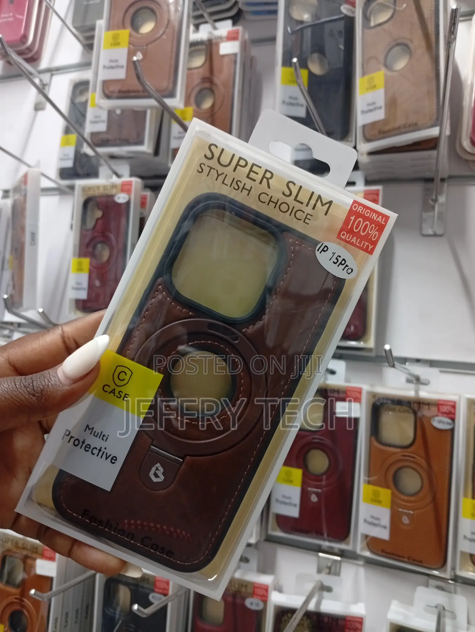 iPhone 15 Pro Brown Leather Magnetic Ring Stand Case