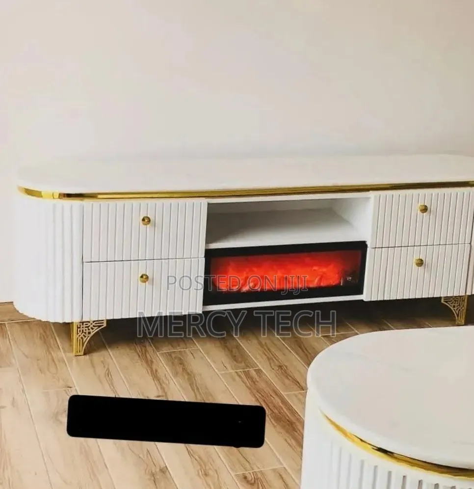 White Gold Tv Stand With Electric Fireplace