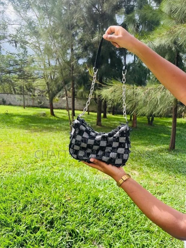 Black Checked Denim Shoulder Bags / Moon Bags With Zip - thumbnail 2