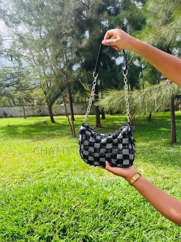 Black Checked Denim Shoulder Bags / Moon Bags With Zip - thumbnail 3
