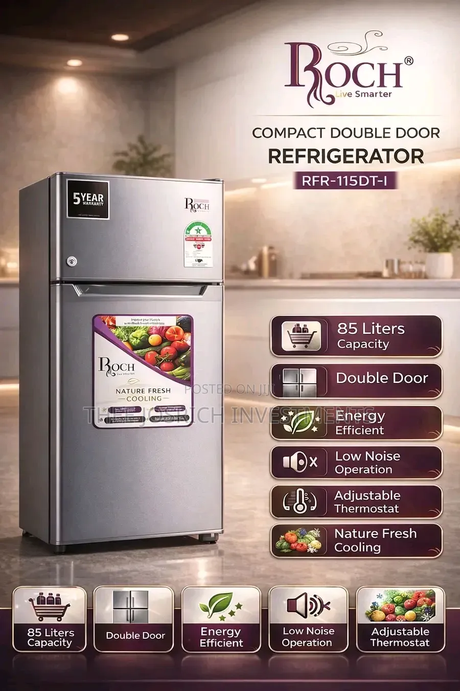 90 Litres Roch Double Door RFR-115 Dt-1 Refrigerator