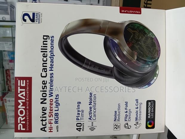 Promate Transtune-Gunmetal Headphones Anc Wireless With RGB
