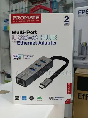 Promate Usb-C Hub With 3 Usb 3.0 Ports 1000mbps Lan Port Adapter.