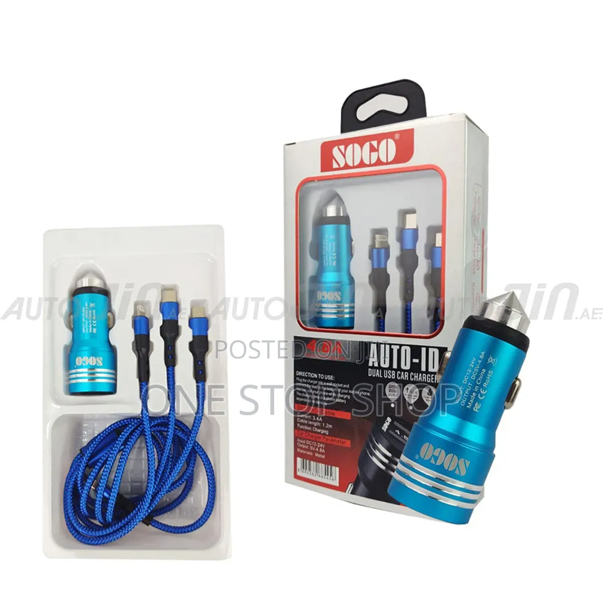 Blue 3in1 Dual Us Fast Charger With Data Canle