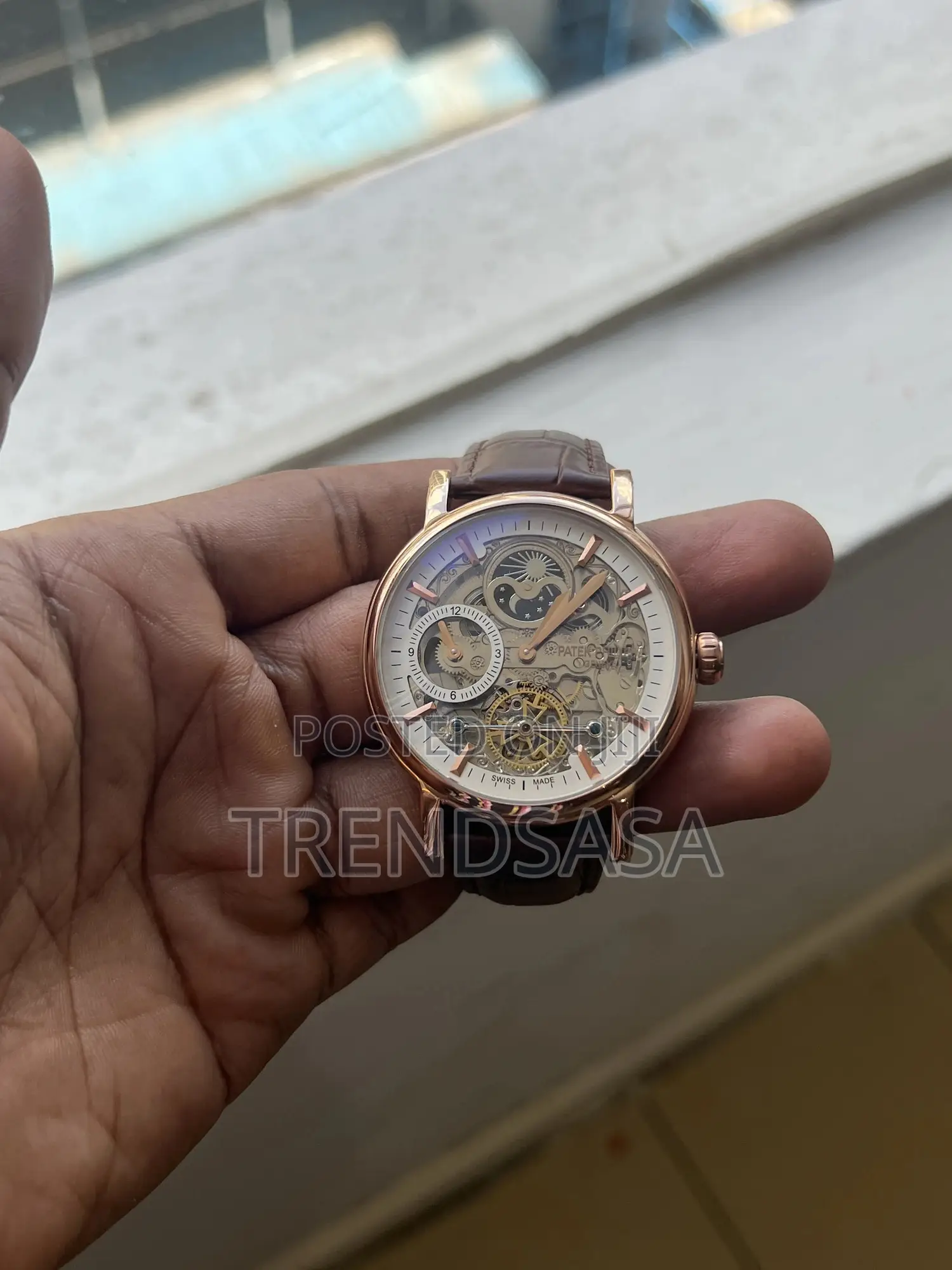 Patek Philippe Full Skeleton Rose Gold Brown Leather Straps Watch