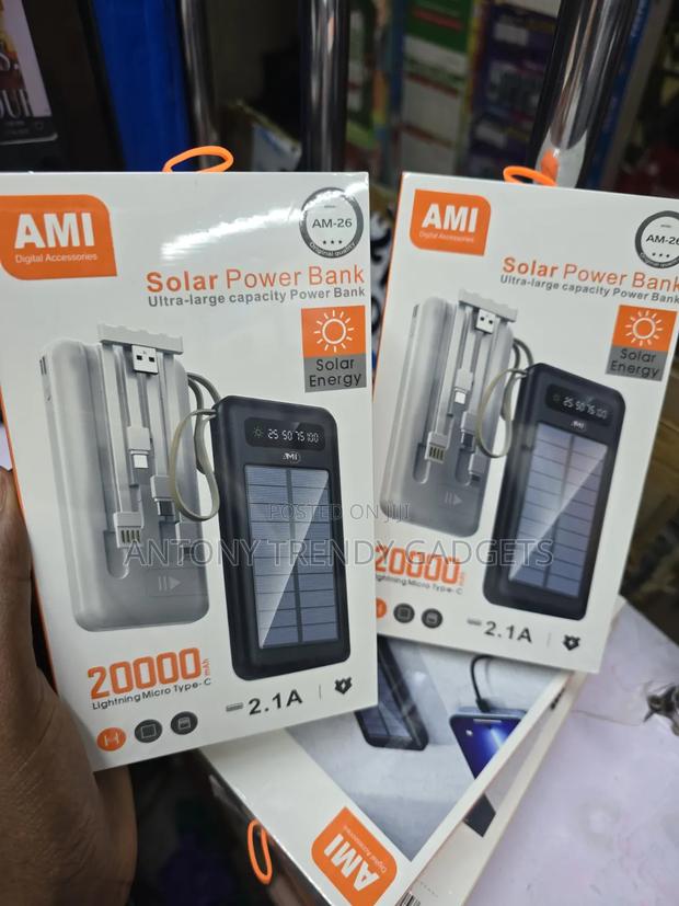 Ami 20000mah Solar Power Bank – Fast Charging + Built-in Cables