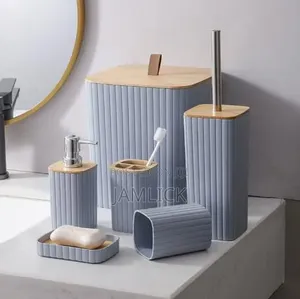 6 in 1 Luxury Bathroom Accessories Set (Bamboo Lid) - Cr