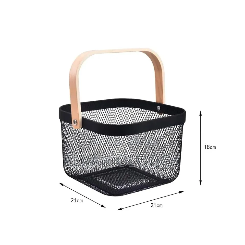 Round Square Pantry Mesh Wire Fruit Basket With Wooden Handle