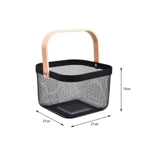 Round Square Pantry Mesh Wire Fruit Basket With Wooden Handle