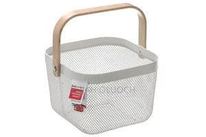Round Square Pantry Mesh Wire Fruit Basket With Wooden Handle