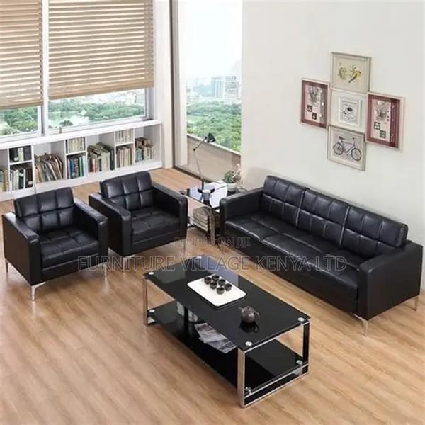 5-Seater Black Leather Guest Waiting Sofa Set - thumbnail 3