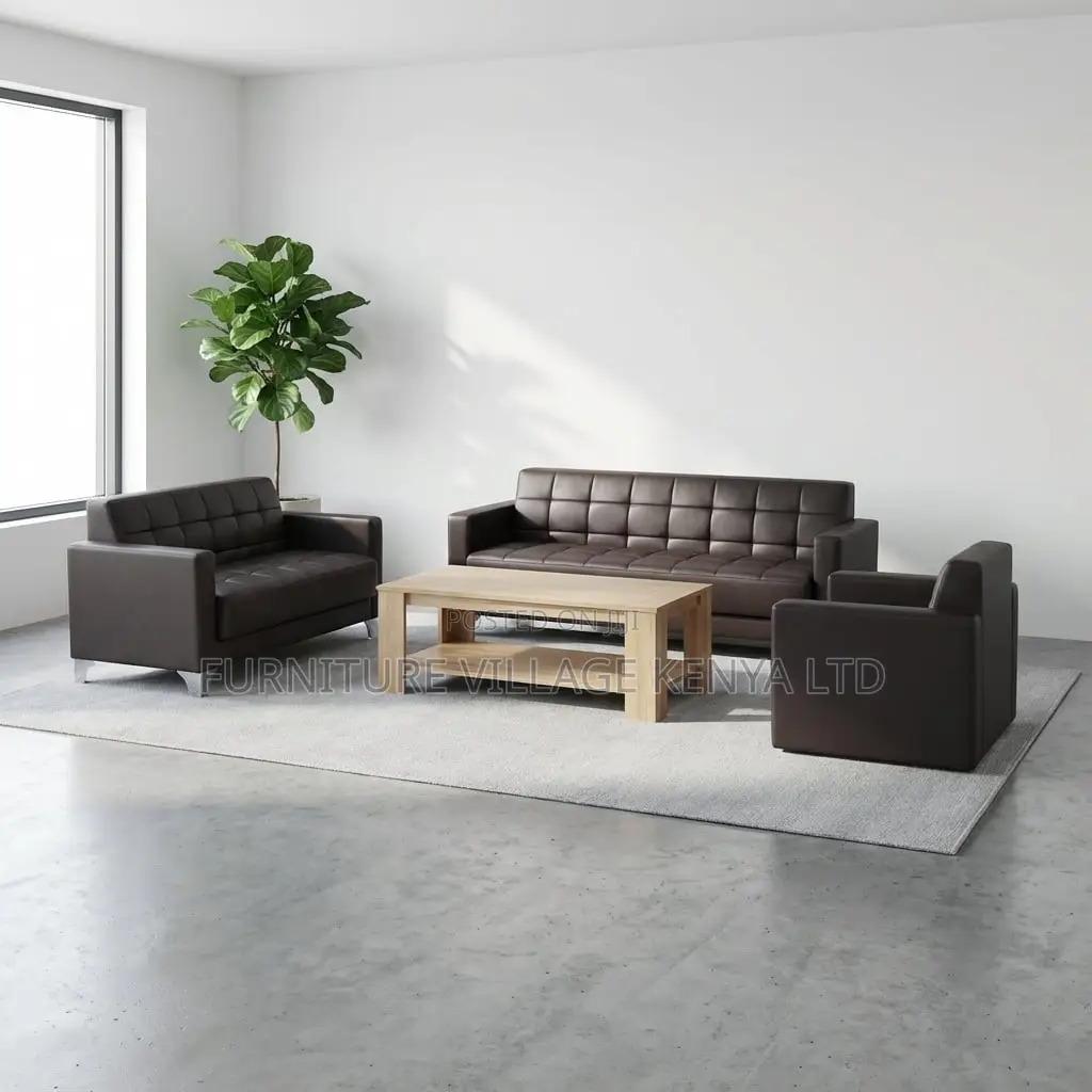 5-Seater Black Leather Guest Waiting Sofa Set