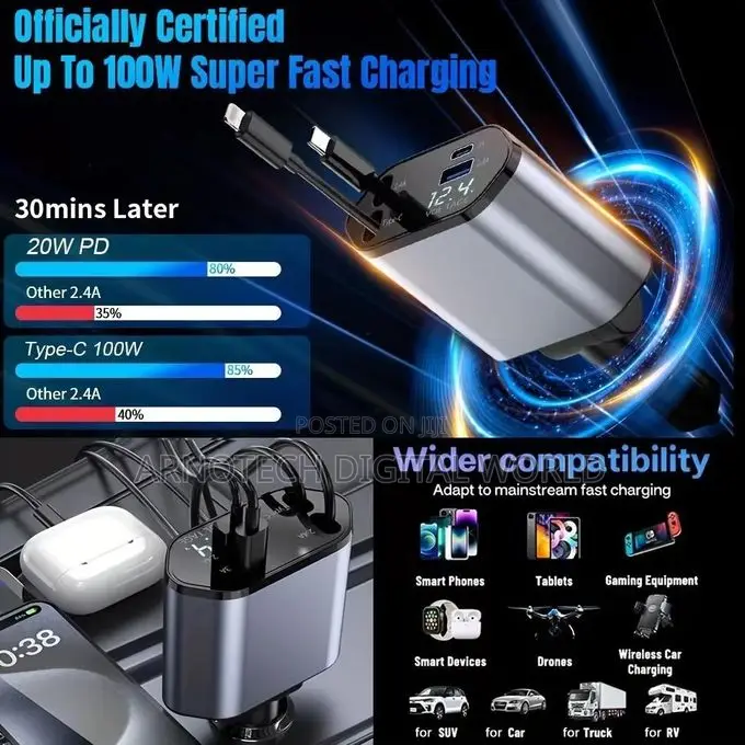 4in1 Usb 120w Retractable Car Charger Type C Fast Car Charger Adapter