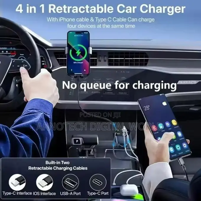 4in1 Usb 120w Retractable Car Charger Type C Fast Car Charger Adapter