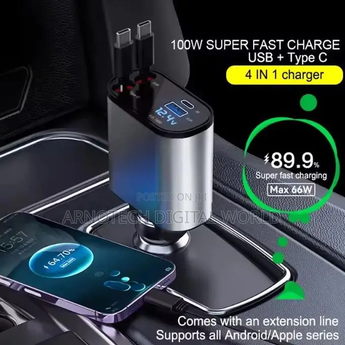 4in1 Usb 120w Retractable Car Charger Type C Fast Car Charger Adapter