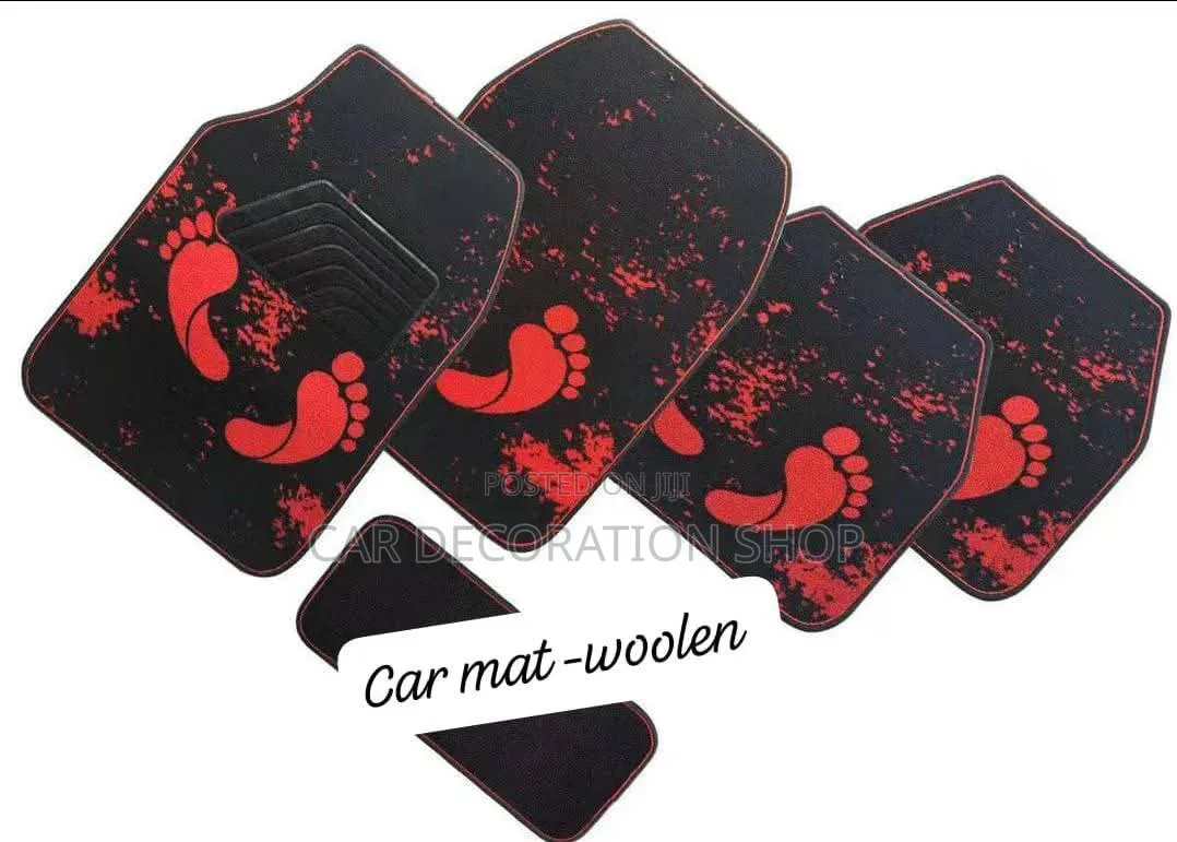 5pc Black_red Front Print Theme Design Car Floor Woolen Mats