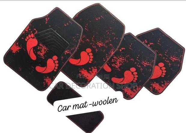 5pc Black_red Front Print Theme Design Car Floor Woolen Mats