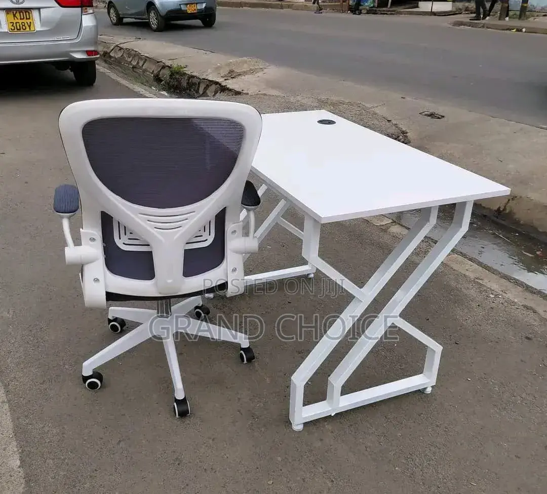 White Metallic Office Table With White Office Chair