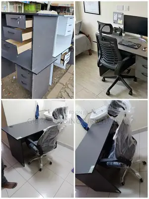 Adjustable Headrest Office Chair + Grey Desk Q