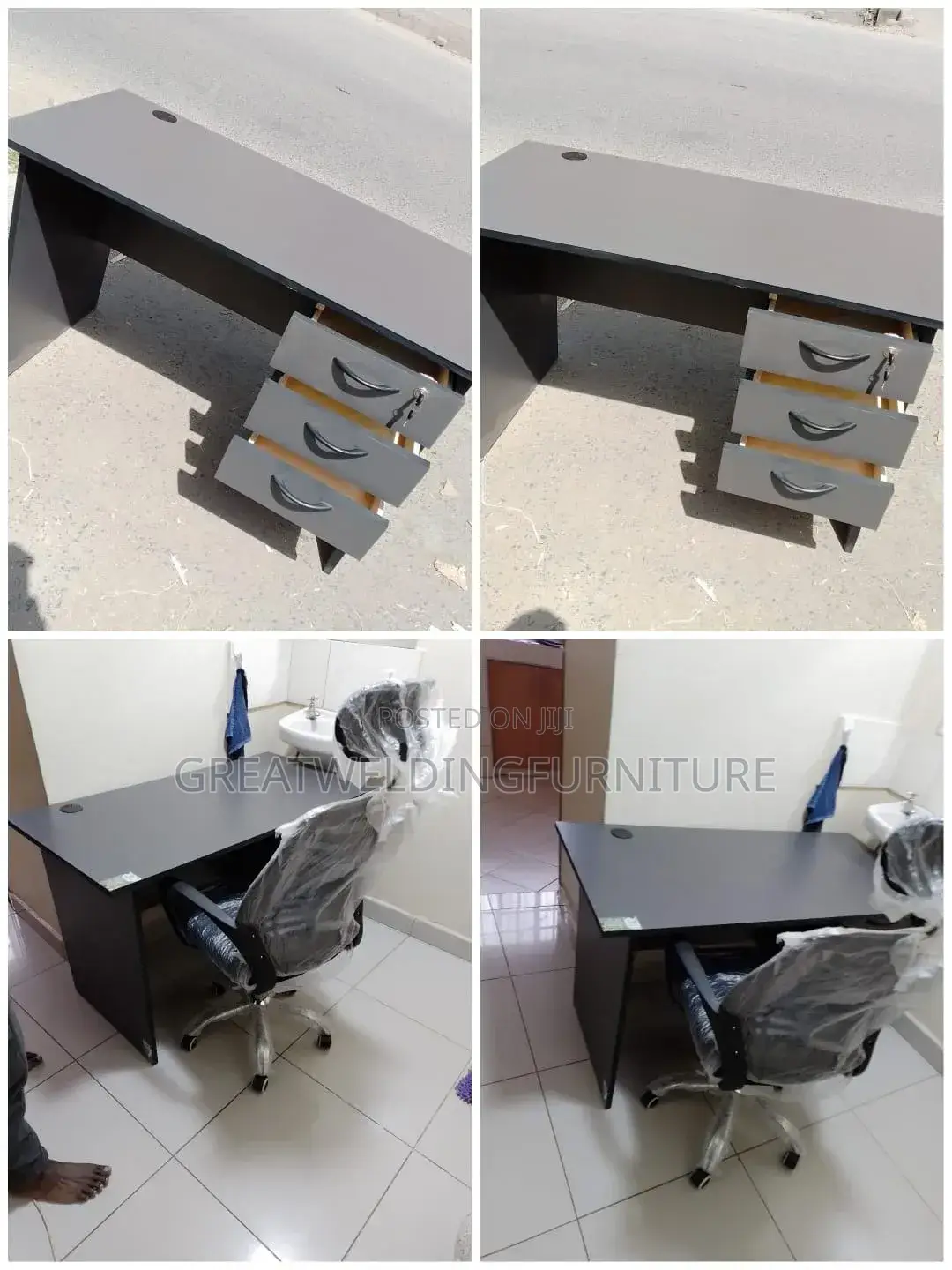 Grey Wooden Office Desk With Ergonomic Mesh Chair