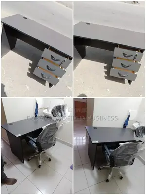 Grey Wooden Office Desk With Ergonomic Mesh Chair