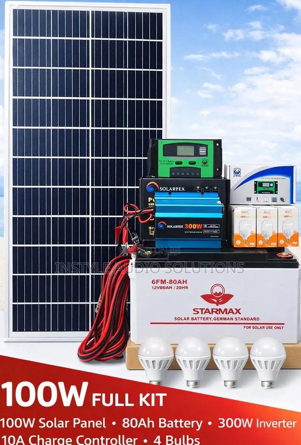 100 Watts Home Full Solar Package - 80ah Battery - 300w Inverter - 10a