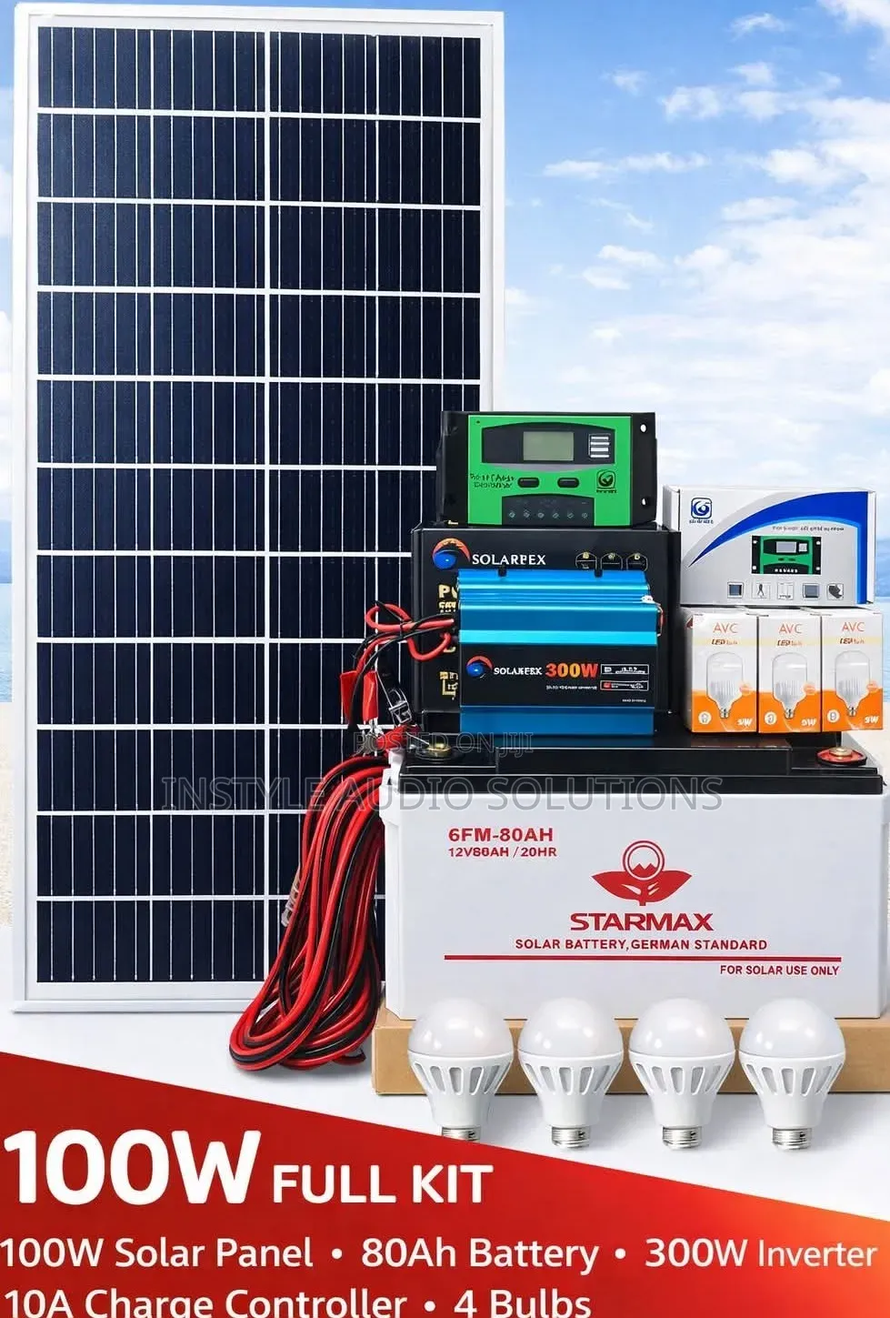 100 Watts Home Full Solar Package - 80ah Battery - 300w Inverter - 10a