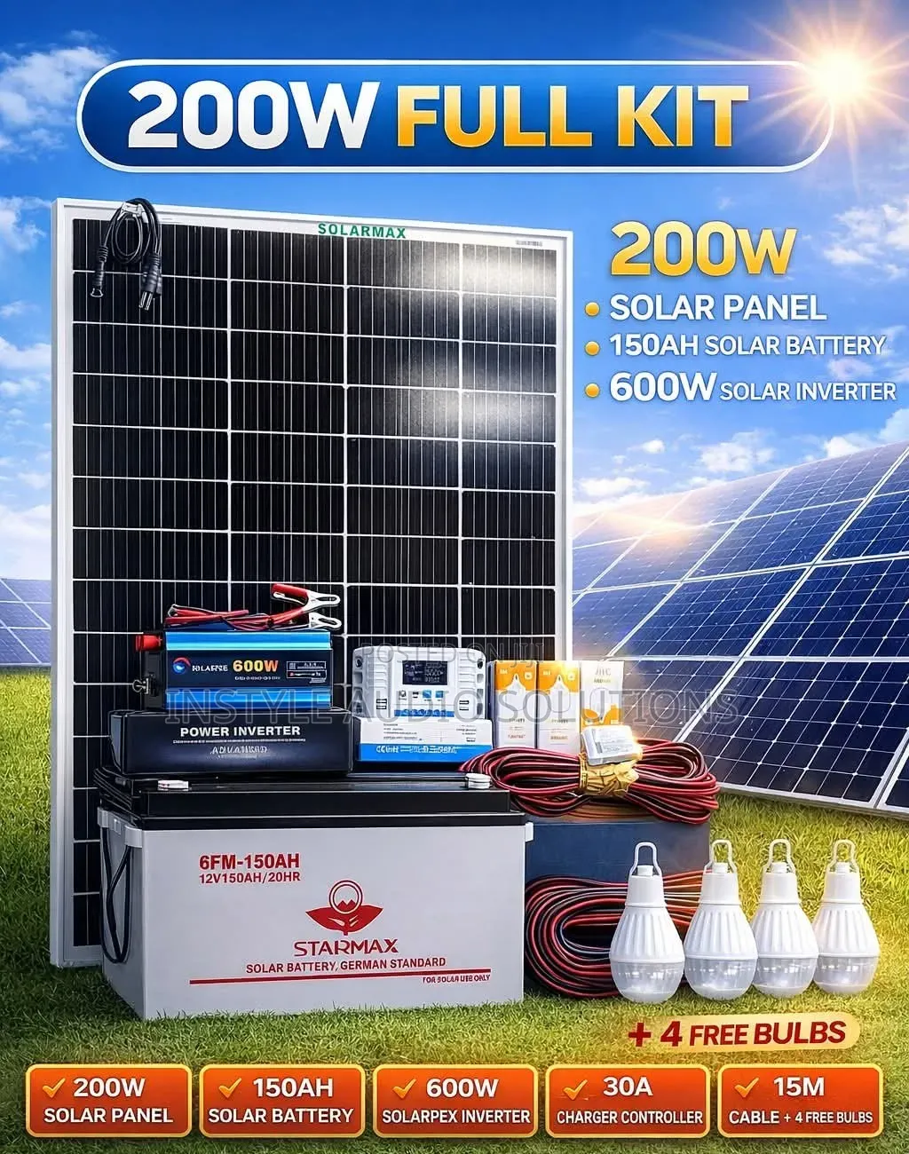 200w Solar - 150ah Gel Battery - 30a Controller - 600w Inverter System