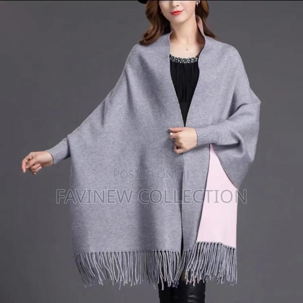 Plain Double Sided Long Sleeve Ponchos Shawls With Tassels - main view