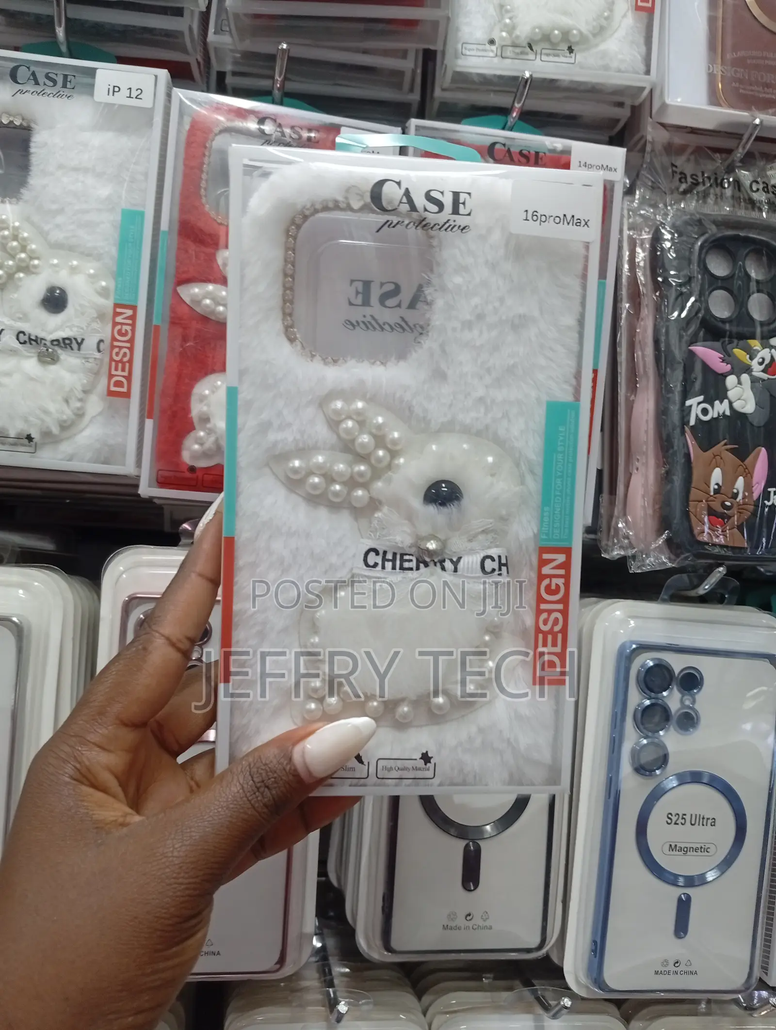 Fluffy White Phone Case With a 3d Bunny, Pearls, and Diamonds,
